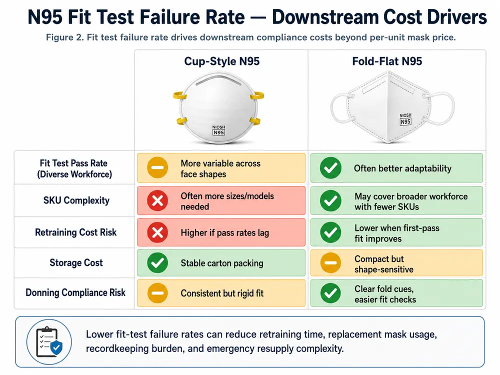 N95 Fit Test Failure Rate — Downstream Cost Drivers Infographic showing downstream compliance cost drivers from N95 fit test failure rates comparing cup-style and fold-flat designs