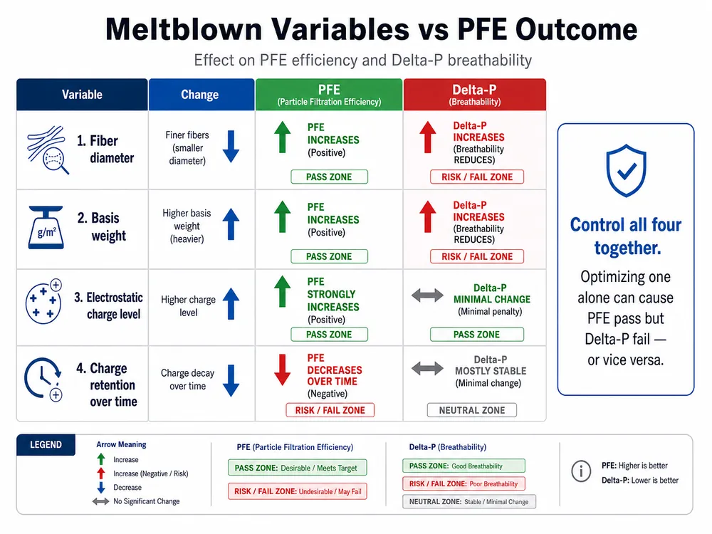 Meltblown Variables vs PFE Outcome Comparison chart showing how fiber diameter, basis weight, and electrostatic charge level each affect N95 PFE test results