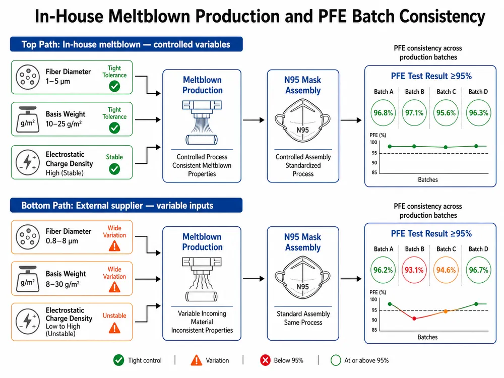 Diagram showing how in-house meltblown nonwoven production controls N95 filtration efficiency consistency across batches