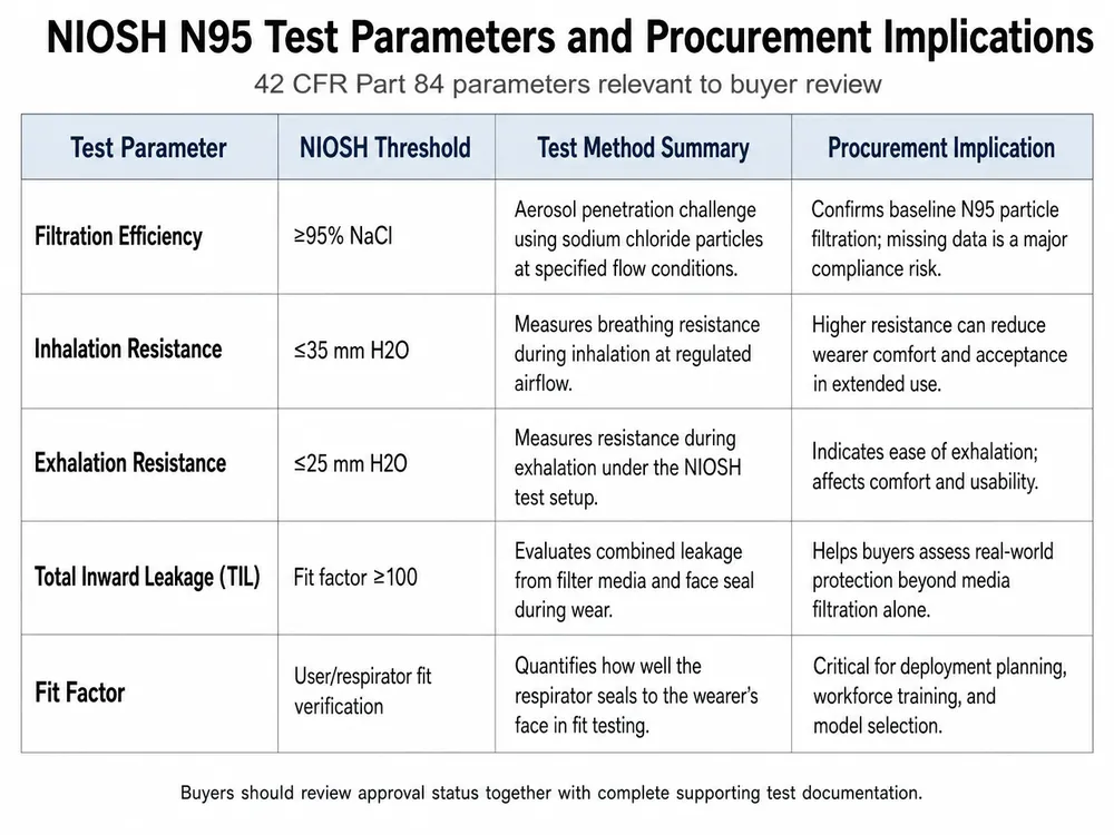 Table comparing NIOSH N95 test parameters, regulatory thresholds, and procurement implications for each specification