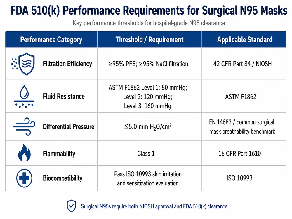 Technical chart showing FDA 510k performance requirements for hospital surgical N95 masks including filtration efficiency, fluid resistance, and breathability thresholds
