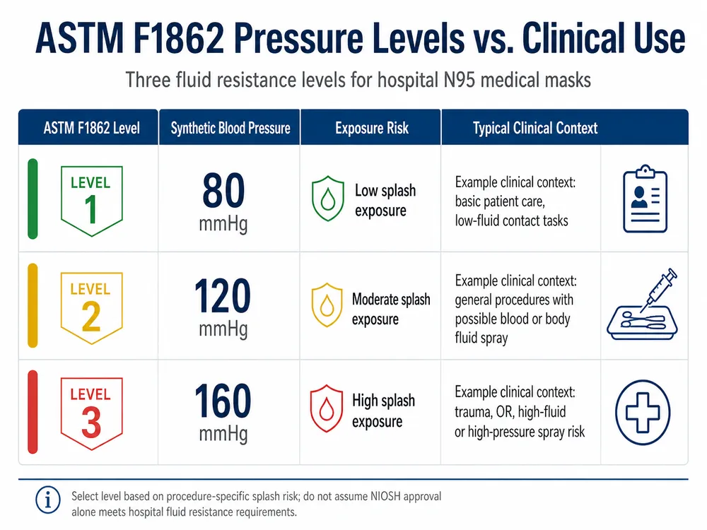 ASTM F1862 Pressure Levels vs. Clinical Use Comparison chart of ASTM F1862 fluid resistance levels 1, 2, and 3 mapped to hospital clinical use scenarios