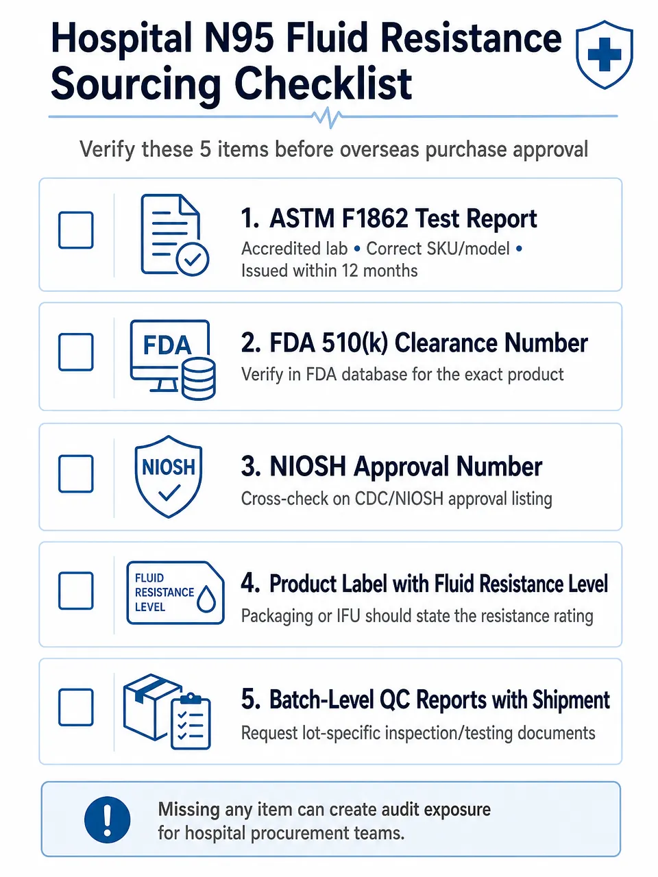 Hospital N95 Fluid Resistance Sourcing Checklist Sourcing compliance checklist for hospital N95 medical masks with ASTM F1862 fluid resistance verification steps