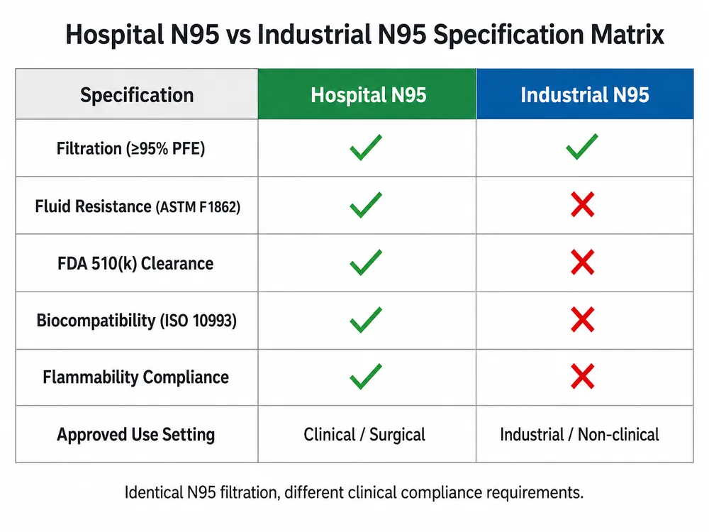 N95 Compliance Matrix: Hospital vs Industrial Visual compliance matrix comparing hospital N95 and industrial N95 across fluid resistance, FDA clearance, biocompatibility, and approved use setting