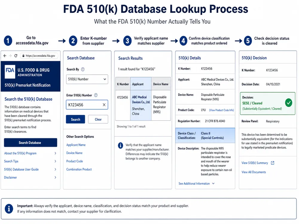 FDA 510(k) Database Lookup Process for N95 Mask Importers Screenshot-style diagram showing how to search the FDA 510k premarket notification database to verify an N95 mask clearance number
