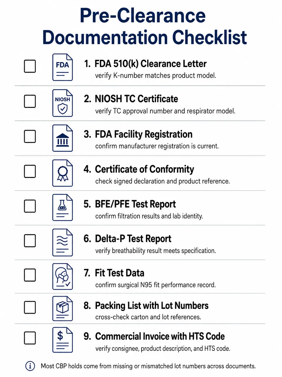 US Import Documentation Checklist for FDA 510(k) N95 Masks Visual checklist of required documentation for importing FDA 510k cleared N95 surgical masks into the United States