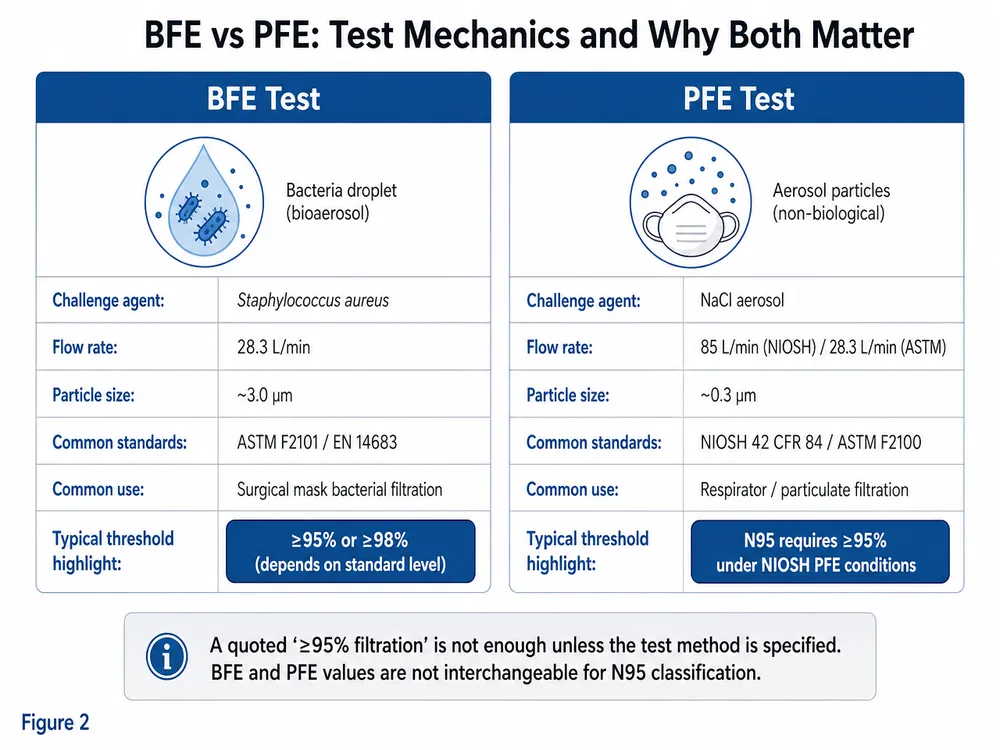BFE vs PFE Test Method Comparison Side-by-side comparison chart of BFE and PFE test methods showing challenge agents, flow rates, and minimum thresholds for N95 and surgical mask standards