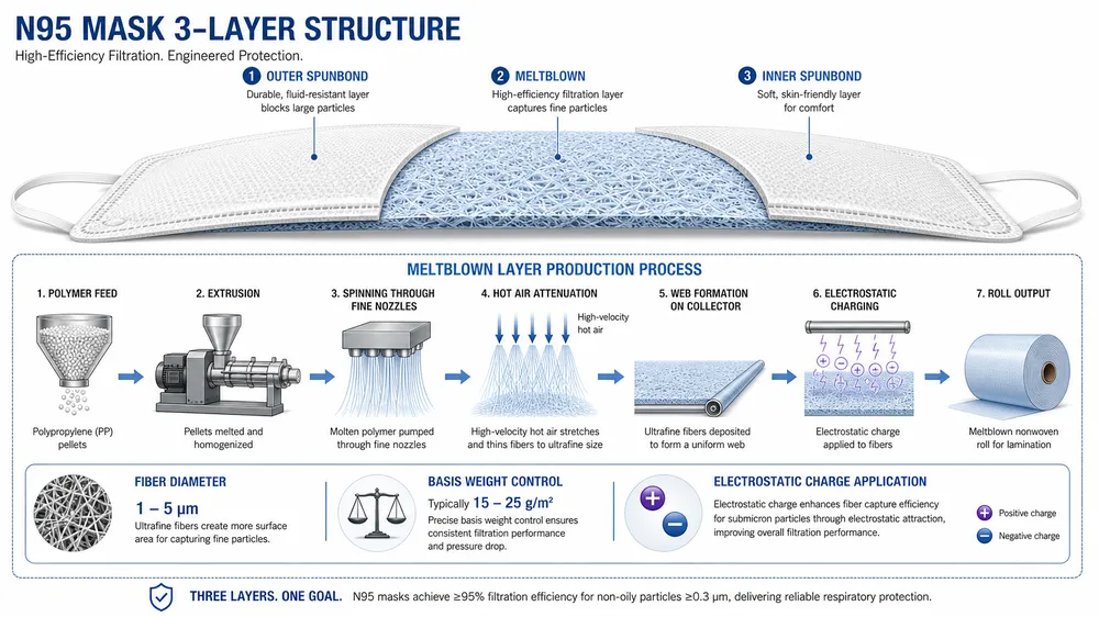 Meltblown Fabric Production Process Diagram of meltblown nonwoven fabric production process showing polymer extrusion, fiber formation, and electrostatic charging for N95 mask filtration layer