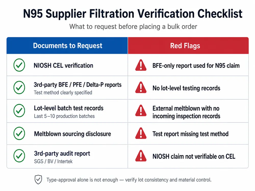 N95 Supplier Filtration Verification Checklist Sourcing checklist showing documents to request when verifying N95 mask filtration efficiency claims from a supplier