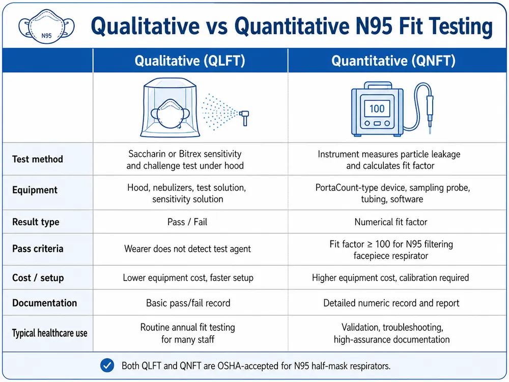 QLFT vs QNFT N95 Fit Test Comparison Side-by-side comparison table of qualitative and quantitative N95 fit testing methods showing equipment, pass criteria, and healthcare use cases