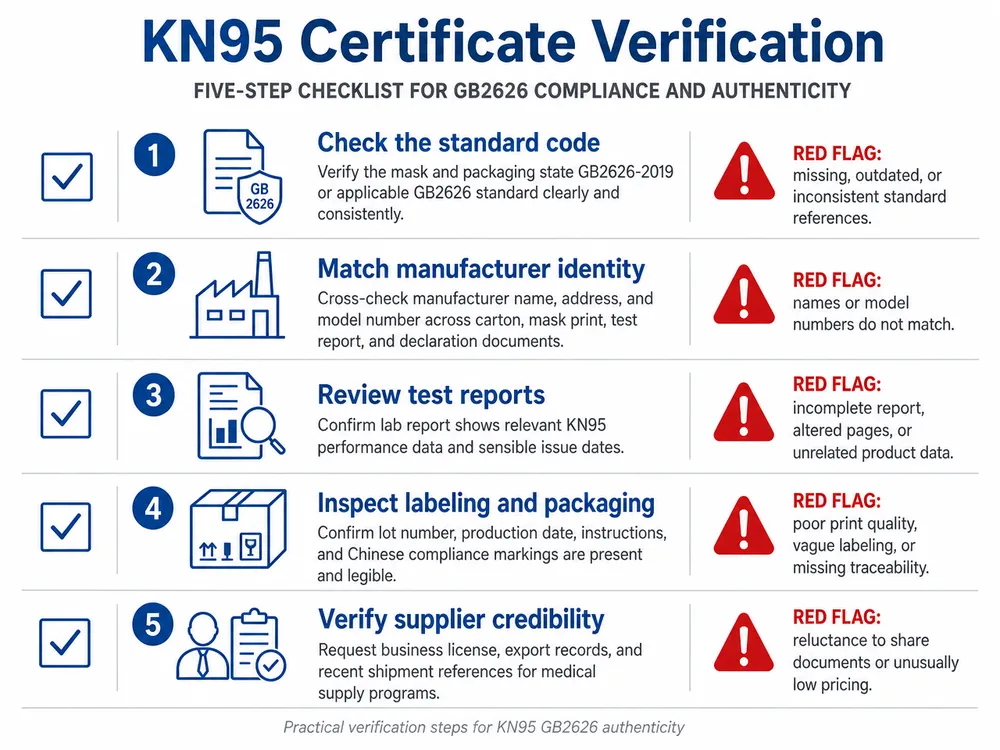 KN95 Certificate Verification Checklist Step-by-step verification checklist for KN95 GB2626 certification authenticity showing document checks and red flags