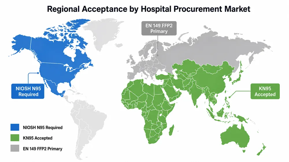 N95 vs KN95 Market Acceptance by Region Regional map showing NIOSH N95 acceptance in North America and KN95 acceptance in Asia, Middle East, and Africa for hospital procurement