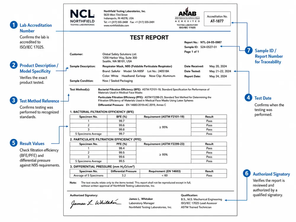 N95 Mask Test Report Verification Guide Annotated diagram of a legitimate N95 mask BFE and PFE test report showing key fields to verify