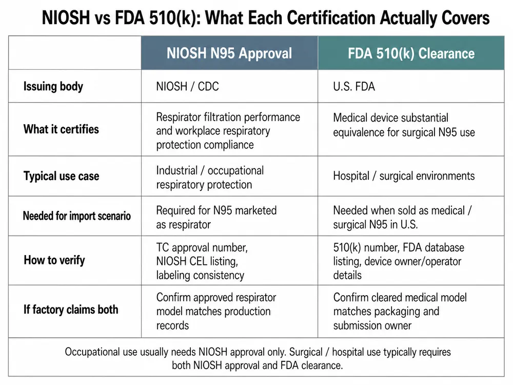 NIOSH vs FDA 510(k) Certification Comparison Side-by-side comparison table of NIOSH N95 approval and FDA 510k clearance requirements for N95 mask imports