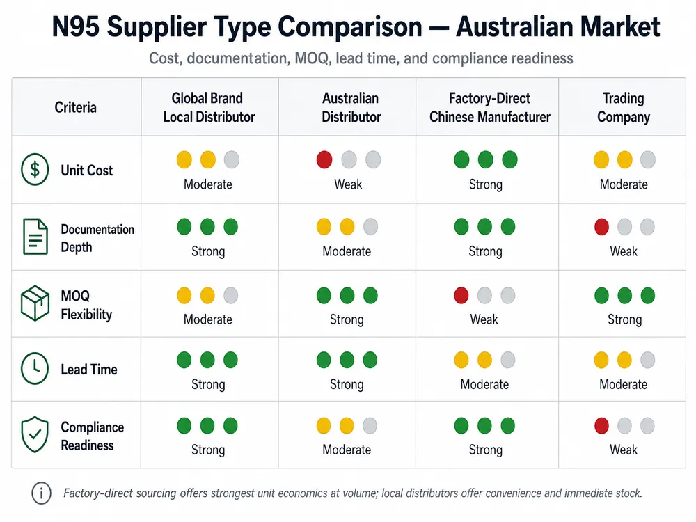Comparison matrix of N95 mask supplier types for Australian importers showing cost, documentation, MOQ, and compliance readiness