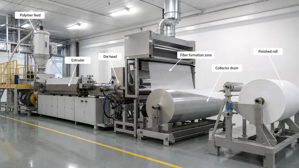 In-house meltblown nonwoven fabric production line for N95 mask filtration layer at eztio factory in Shandong China