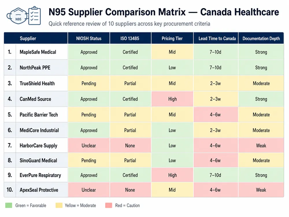Comparison matrix of 10 N95 medical mask suppliers for Canadian healthcare distributors showing NIOSH status, pricing tier, lead time, and documentation depth