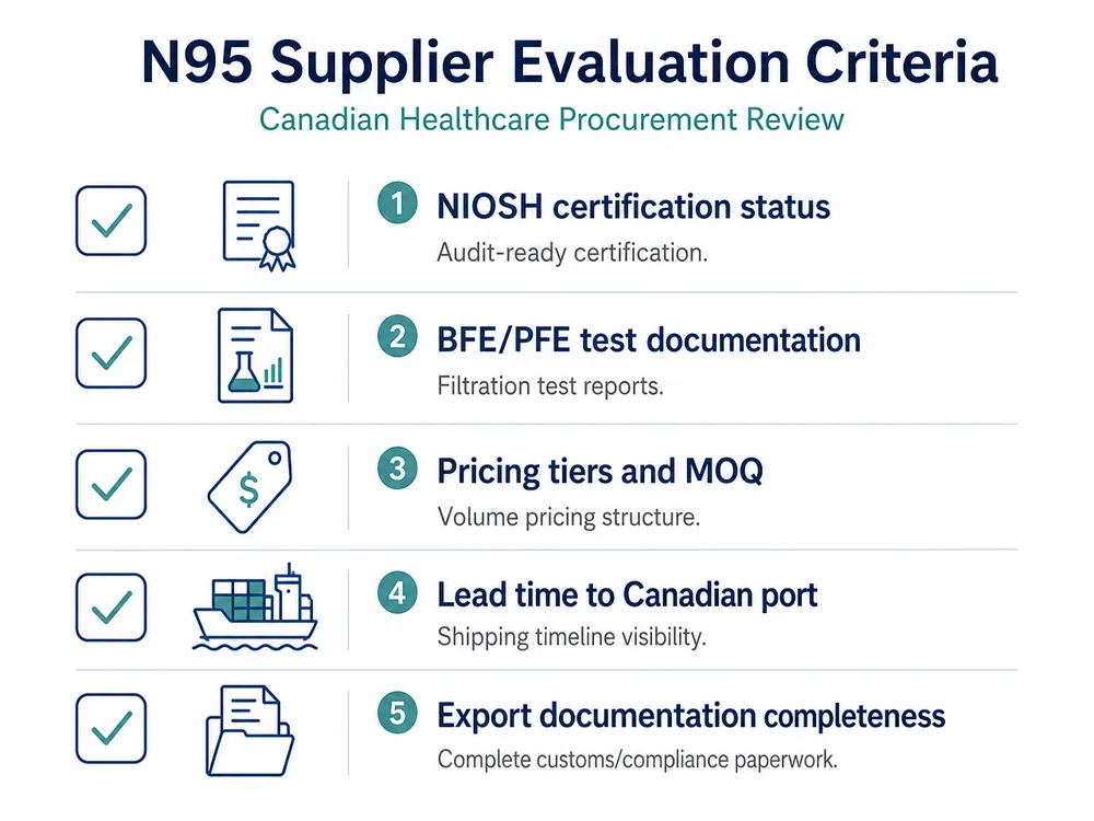 Evaluation criteria checklist for N95 medical mask suppliers serving Canadian healthcare distributors