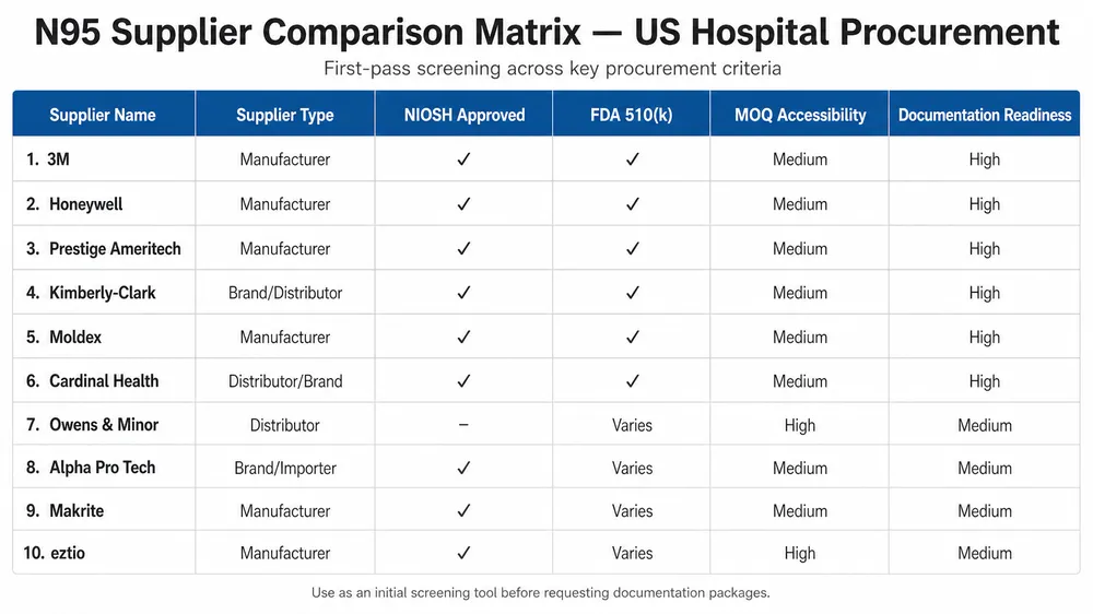 N95 Supplier Comparison Matrix — US Hospital Procurement Supplier comparison matrix for top 10 N95 medical mask suppliers showing NIOSH approval, FDA 510(k) status, MOQ, and supplier type
