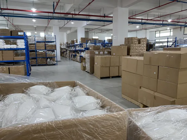 Healthcare supply distribution warehouse with N95 mask inventory