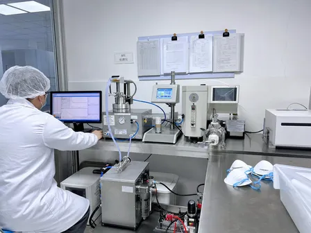 In-house laboratory BFE and PFE testing equipment used for every N95 production batch