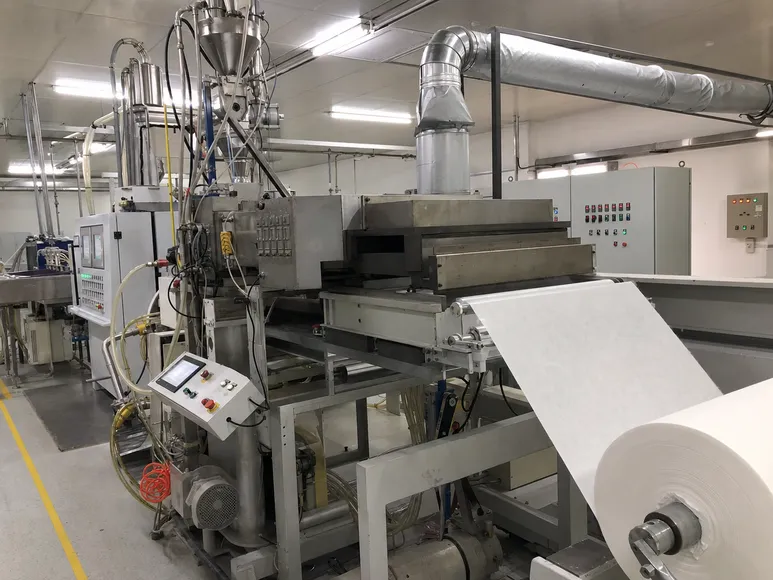 In-house meltblown polypropylene extrusion line producing filtration media for N95 masks