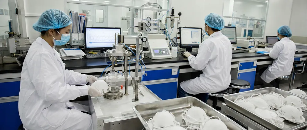 In-house quality control laboratory with BFE, PFE, and Delta-P testing equipment for N95 mask production batches