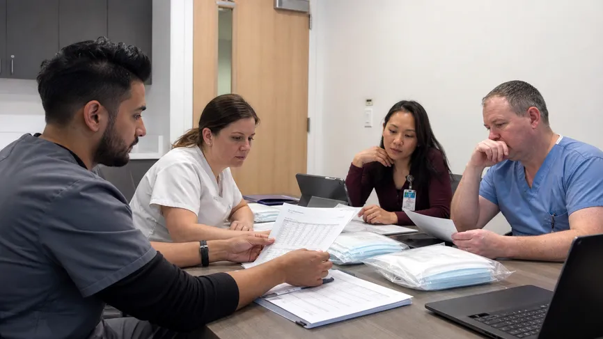 Hospital procurement team reviewing medical mask supplier documentation