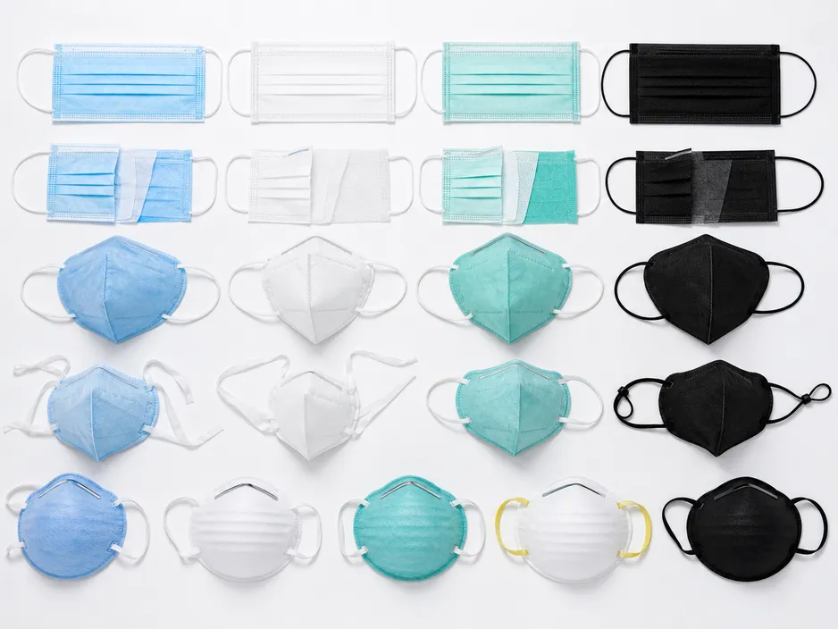 Various mask construction configurations showing flat-fold, duckbill, and cup-shaped designs with different ear-loop styles