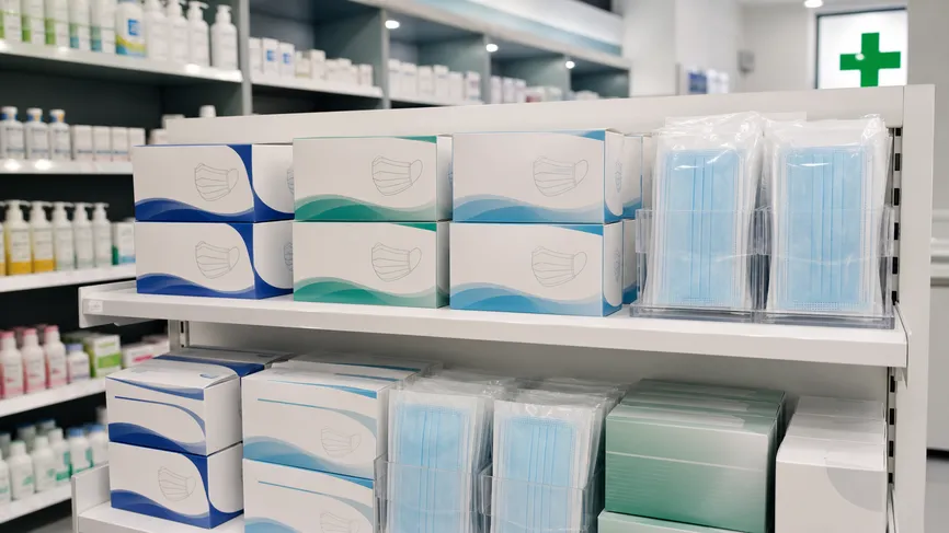 Private-label medical masks displayed in pharmacy retail setting