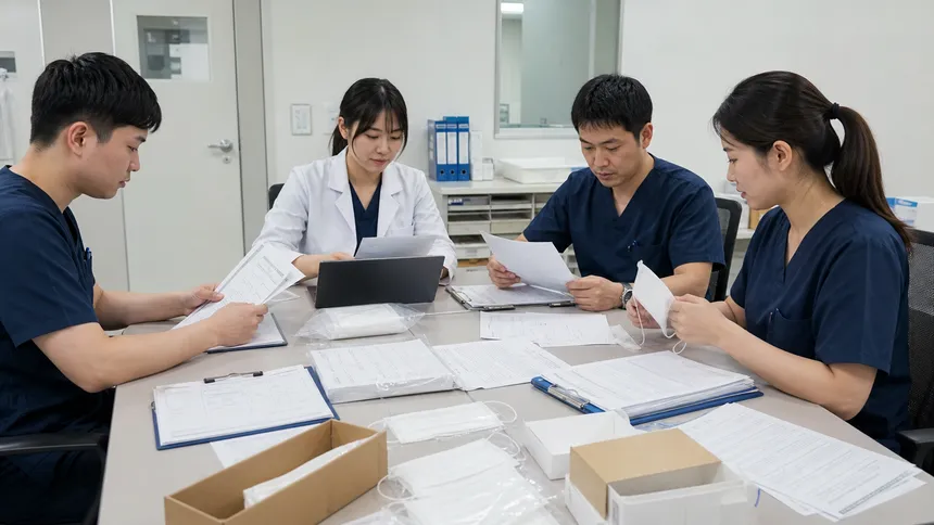 Hospital procurement team reviewing medical mask supply documentation