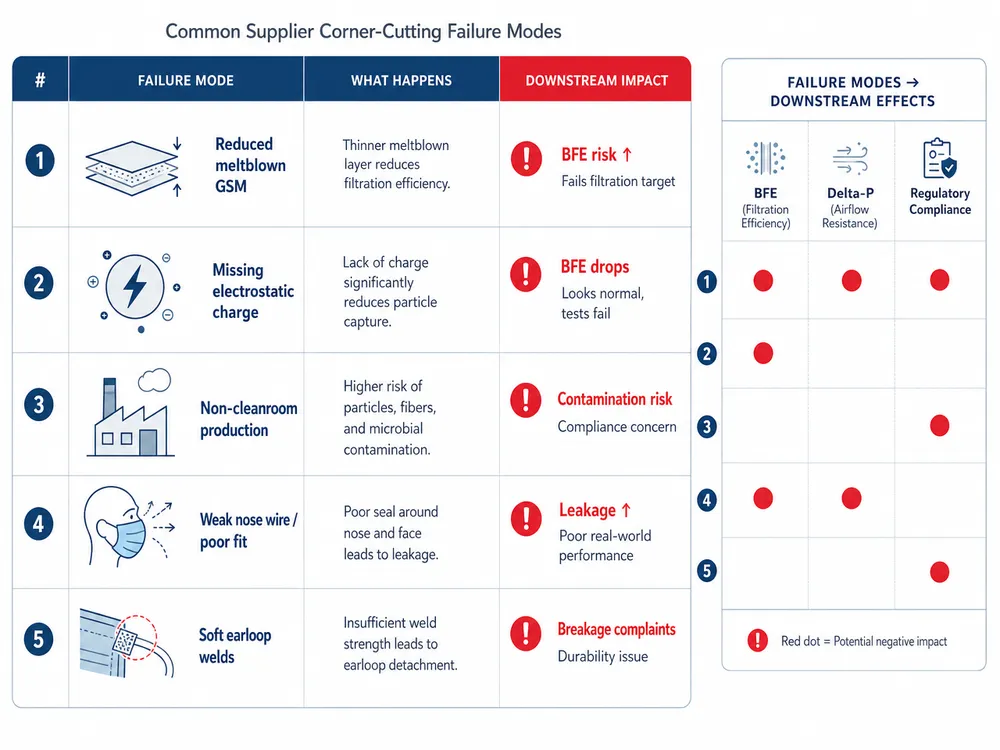 Visual checklist of common quality shortcuts in cheap 3 ply surgical mask production including reduced meltblown basis weight, missing electrostatic charge, and non-cleanroom manufacturing
