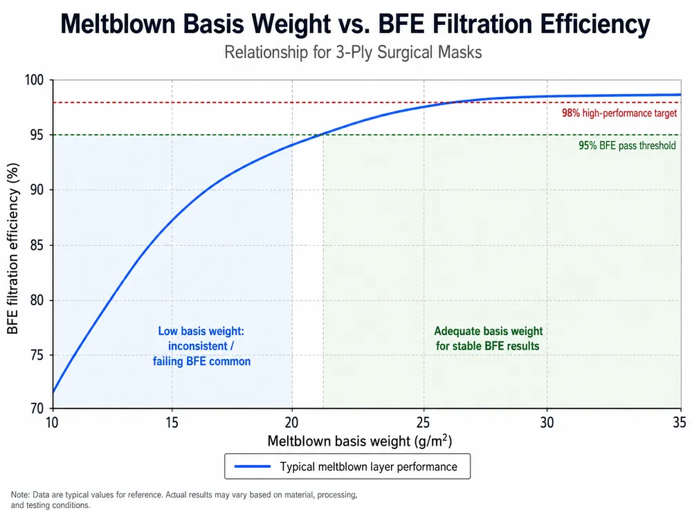 Chart showing the relationship between meltblown nonwoven basis weight in grams per square meter and BFE filtration efficiency percentage for 3 ply surgical masks