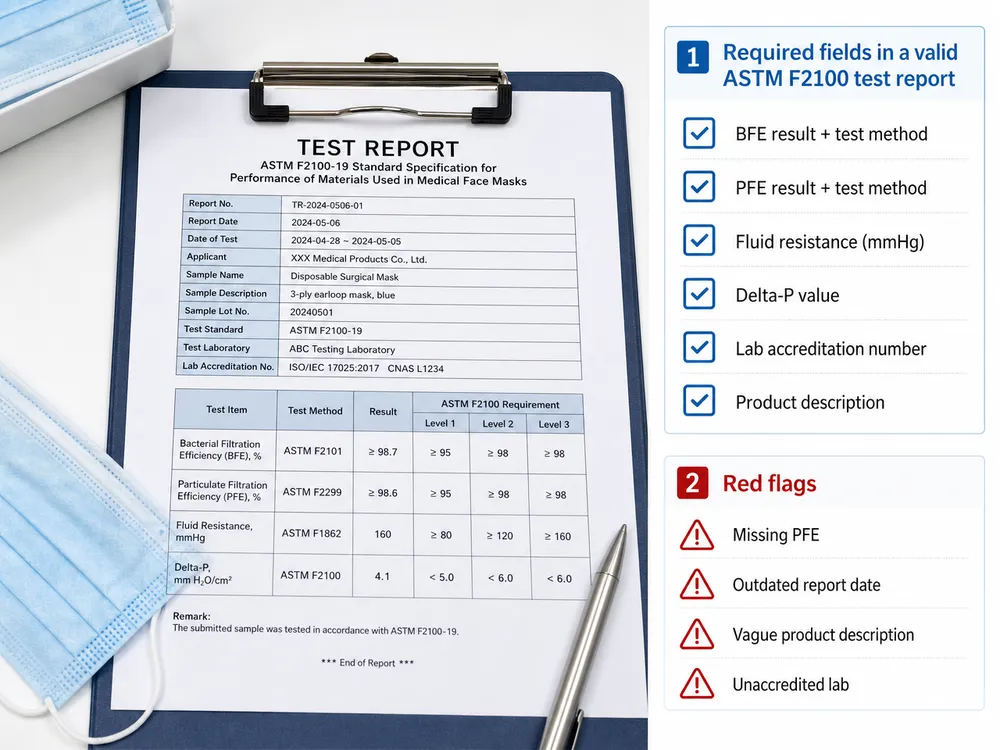ASTM F2100 surgical mask test report verification checklist showing required fields and common documentation red flags for procurement teams