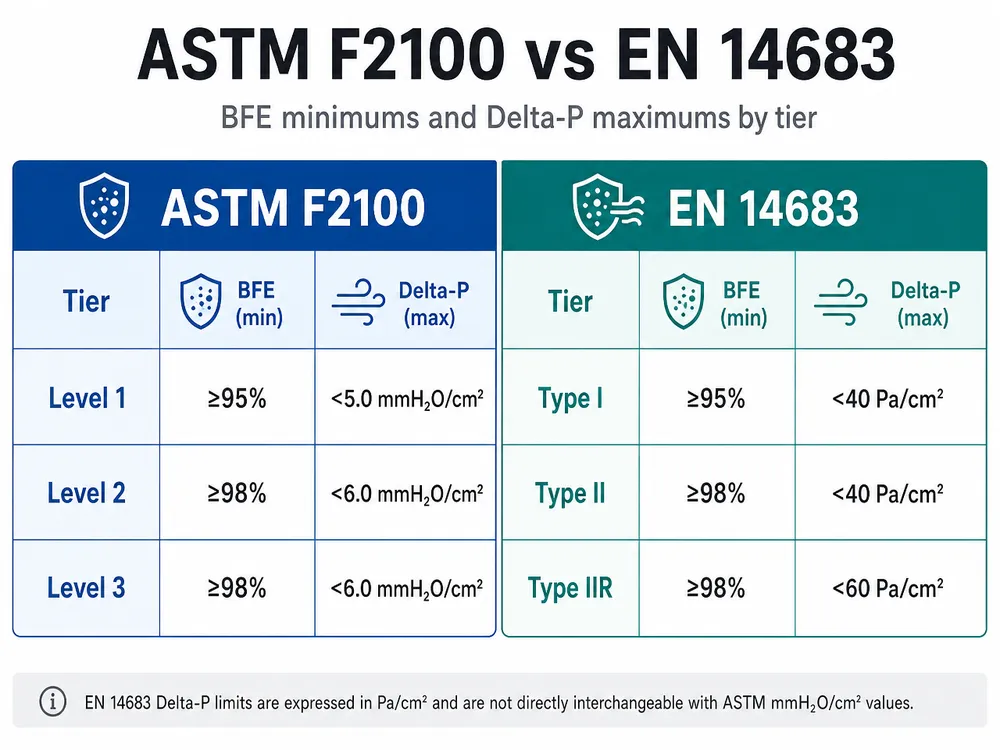 ASTM F2100 vs EN 14683 Spec Comparison Side-by-side comparison table of ASTM F2100 Level 1/2/3 and EN 14683 Type I/II/IIR BFE and Delta-P thresholds