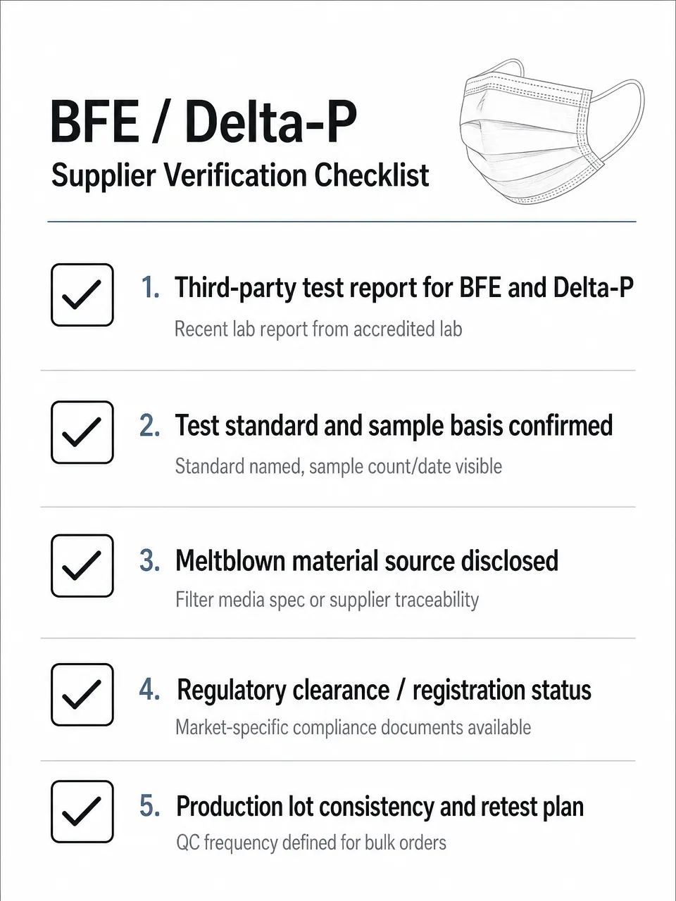 BFE/Delta-P Supplier Verification Checklist Checklist of documents and questions to verify BFE and Delta-P claims from a surgical mask supplier before placing a bulk order