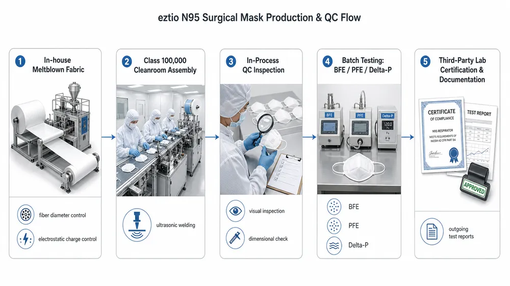 eztio N95 Surgical Mask Production and QC Flow Production and QC flow diagram for eztio dual-certified N95 surgical mask from in-house meltblown fabric through outgoing test reports