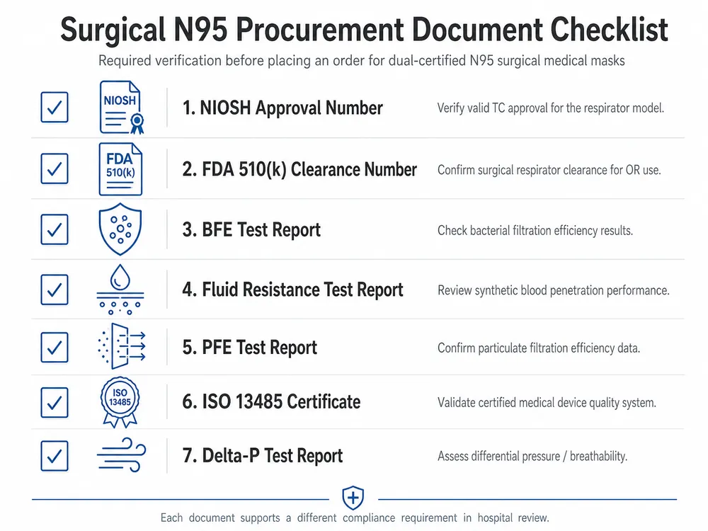 Surgical N95 Procurement Document Checklist Procurement document checklist for sourcing dual-certified surgical N95 respirators showing required certificates and test reports