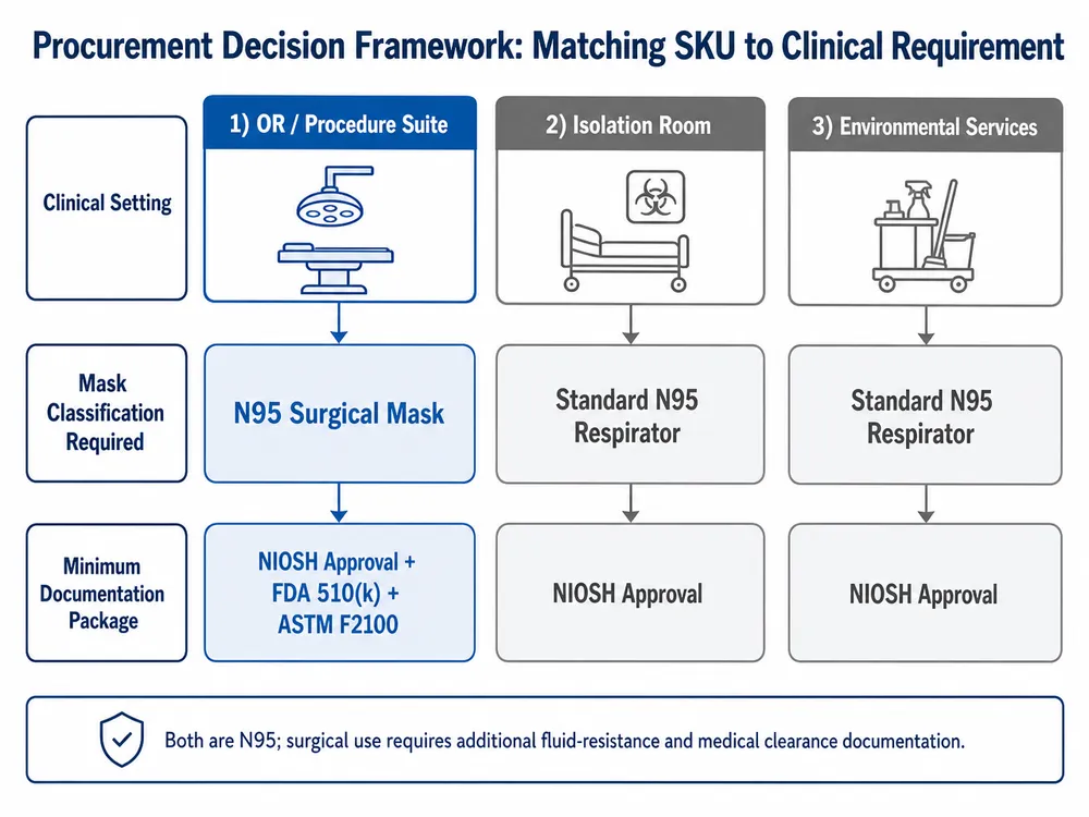 Hospital procurement decision matrix mapping clinical settings to N95 mask type and required certification documentation