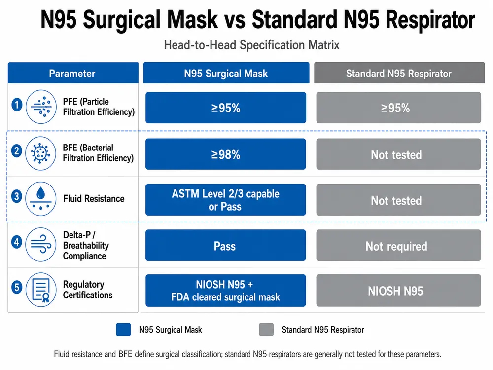 Side-by-side performance comparison chart for N95 surgical mask and standard N95 respirator showing BFE, fluid resistance, and Delta-P values
