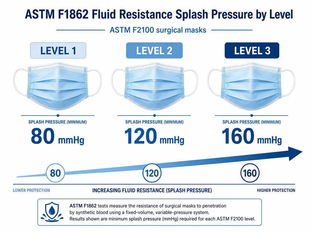 ASTM F1862 Fluid Resistance Splash Pressure by Level Diagram showing ASTM F1862 fluid resistance test splash pressure thresholds for Level 1 at 80 mmHg, Level 2 at 120 mmHg, and Level 3 at 160 mmHg