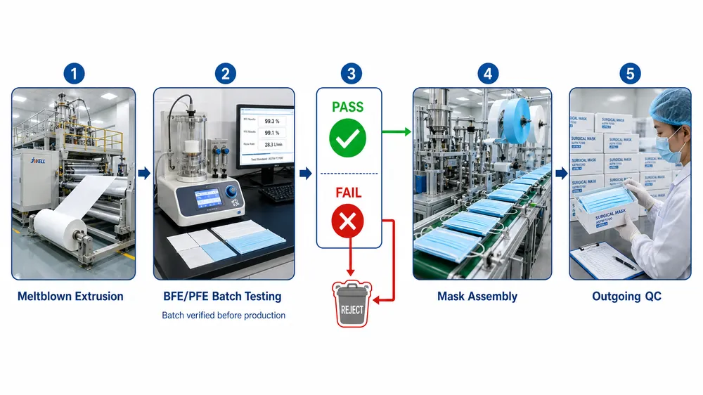 In-House Meltblown Production and BFE Quality Control Flow Diagram showing in-house meltblown fabric production process with BFE testing checkpoint before surgical mask assembly