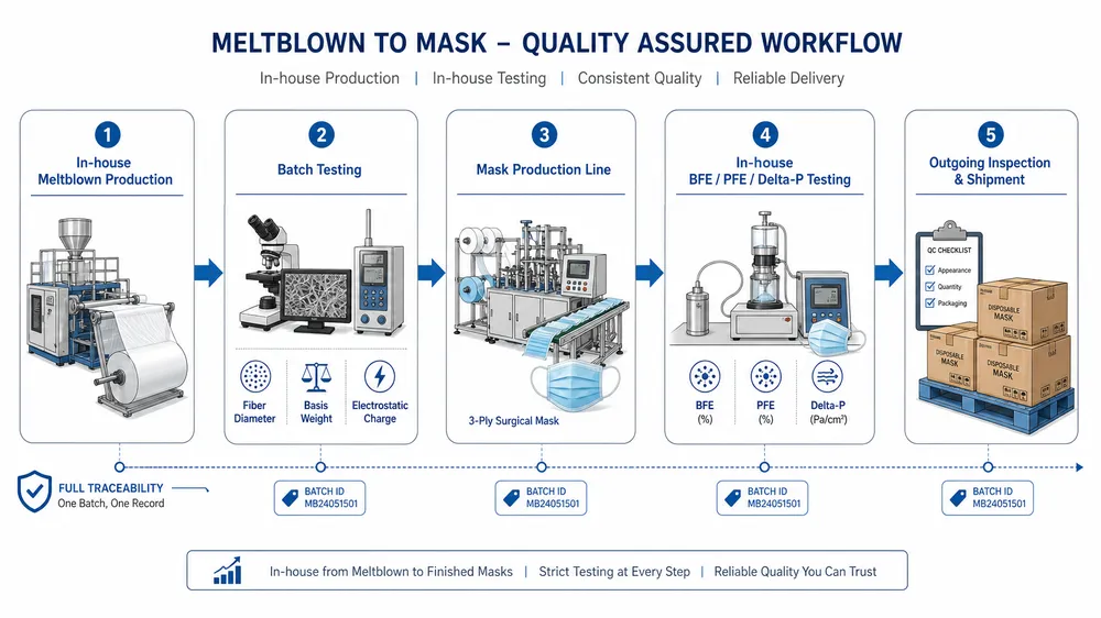 Workflow diagram showing in-house meltblown production, batch testing, mask production, in-house BFE testing, and outgoing inspection stages