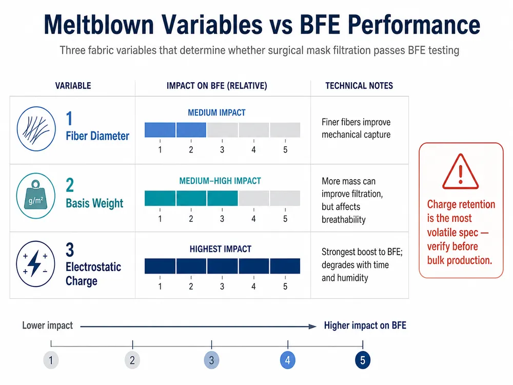 Chart showing how fiber diameter, basis weight, and electrostatic charge each affect BFE performance in surgical mask meltblown fabric