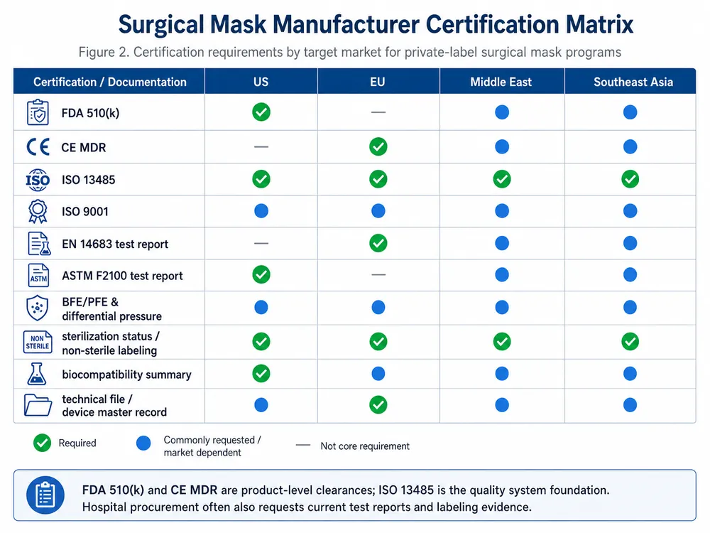 Surgical Mask Manufacturer Certification Matrix Certification coverage matrix comparing FDA 510k, CE MDR, ISO 13485, and ISO 9001 requirements for surgical mask OEM programs