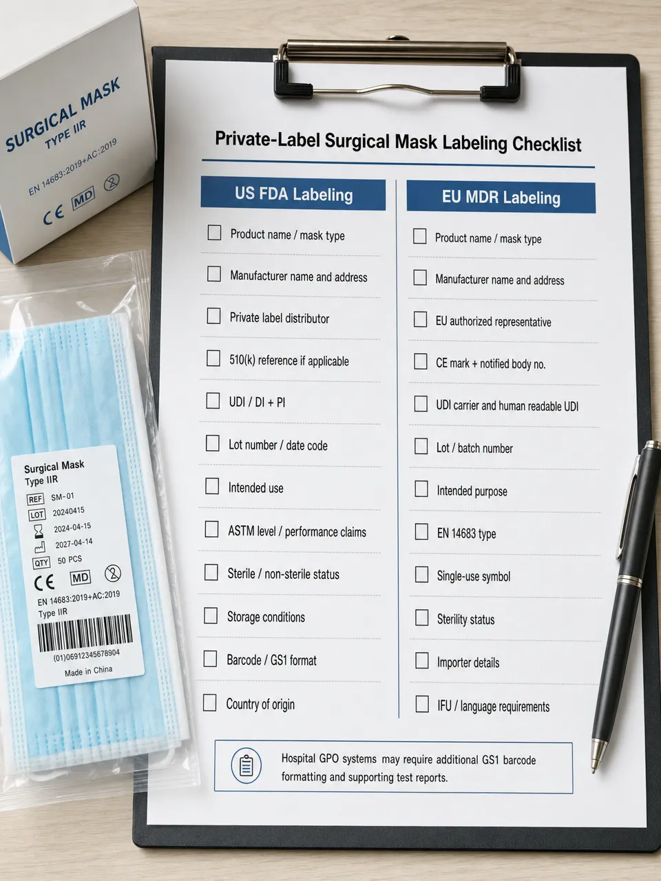Surgical Mask Private-Label Labeling Checklist Labeling requirements checklist for private-label surgical masks covering FDA 510k UDI and EU MDR compliance fields