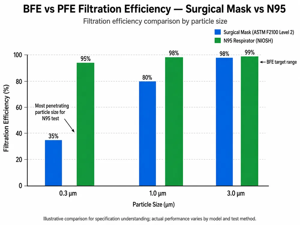 Bar chart comparing BFE and PFE filtration efficiency of surgical masks versus N95 respirators across particle size ranges