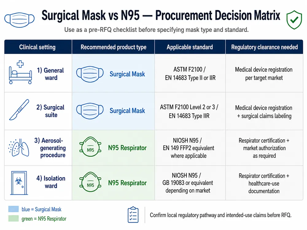 Decision matrix showing which mask type to procure based on clinical setting, regulatory market, and protection requirement