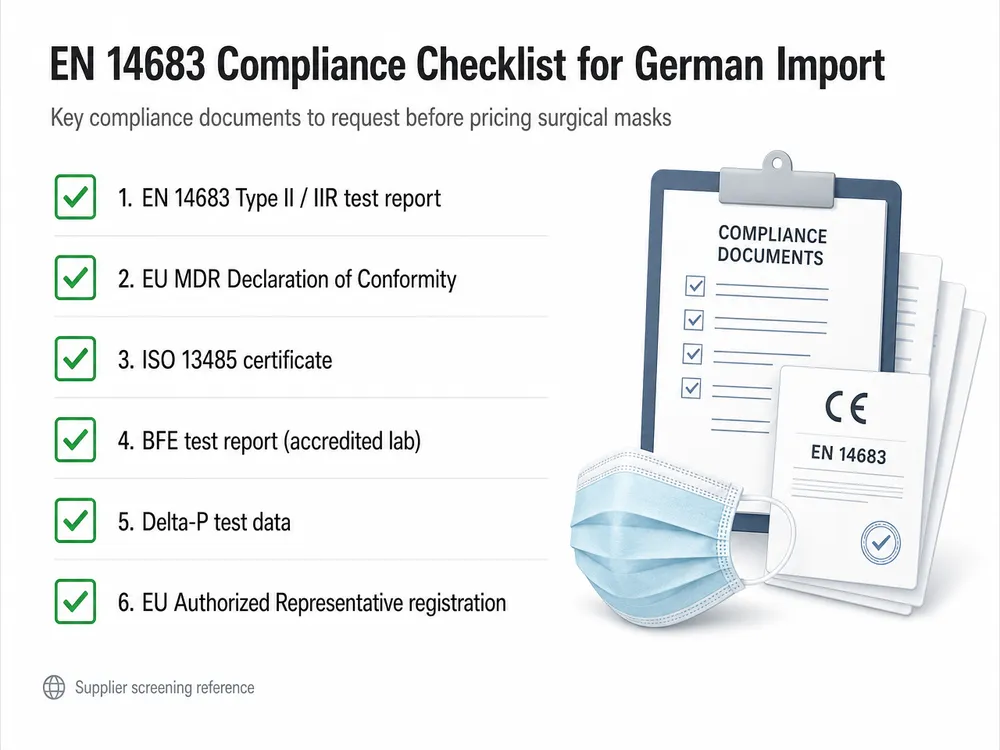 EN 14683 compliance checklist for surgical mask import into Germany showing required certifications and test documents
