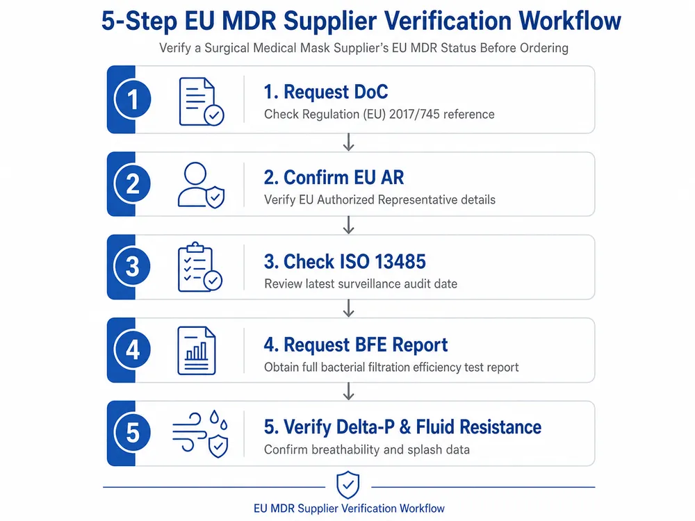 Step-by-step workflow diagram for verifying EU MDR compliance of a surgical mask supplier before placing an import order